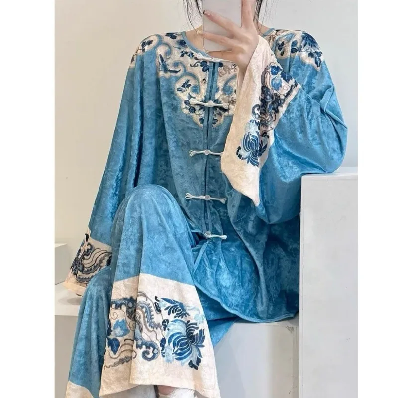 

Chinese Style Pajamas Women Autumn Winter New Golden Velvet Long Sleeve Home Suit Set Fashion Sexy Sleepwear
