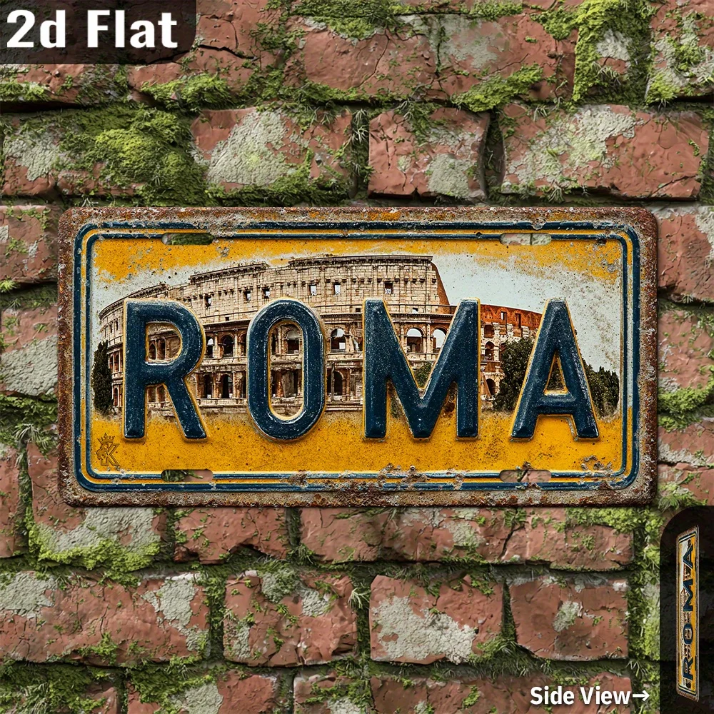2D Flat, 1pc Vintage Italian Roma License Plate Wall Art - Rome Italy Colosseum Retro Metal Sign, Distressed Yellow & Blue Ruste