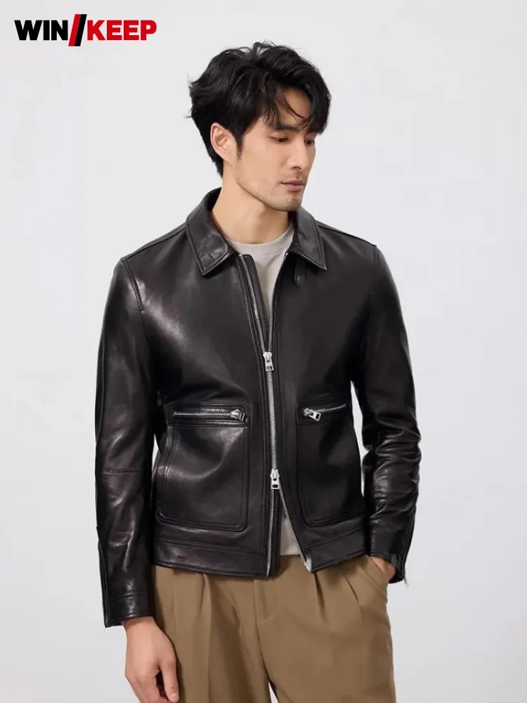 Genuine Leather Jacket Men High Quality Sheepskin Vintage Punk Lapel Zipper Srping Slim Fit Long Sleeve Motorcycle Short Coat