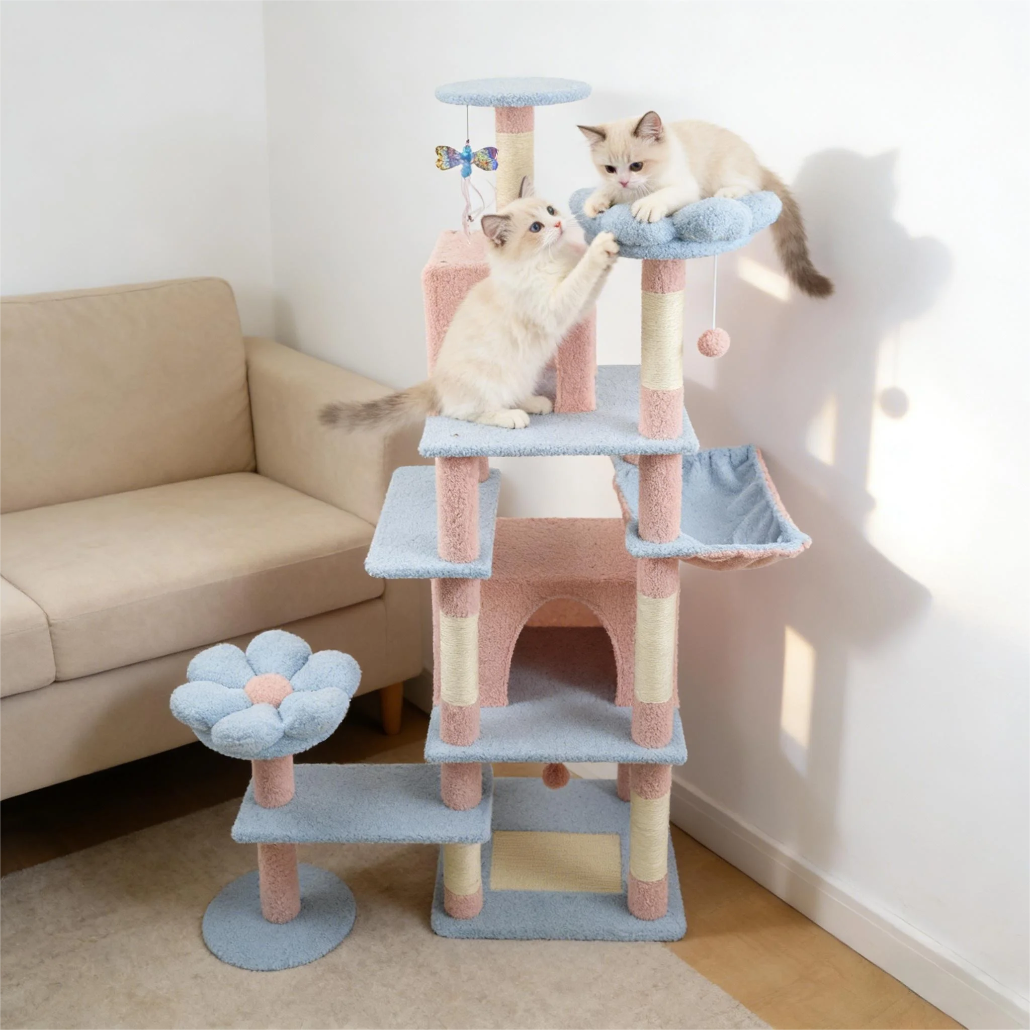 Luxury Eco-Friendly Cat Tree Large Cats Natural Wood Carton Pet Furniture Interactive Scratching Posts Plush Perch Hammock Condo