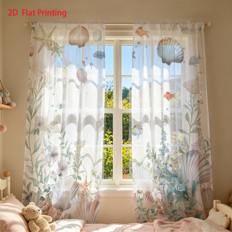 2PCS Digital Printing Sheer Curtain, Colorful Seashells Marine Plants Pattern, Watercolor Ocean Coastal Beach Nautical Decor