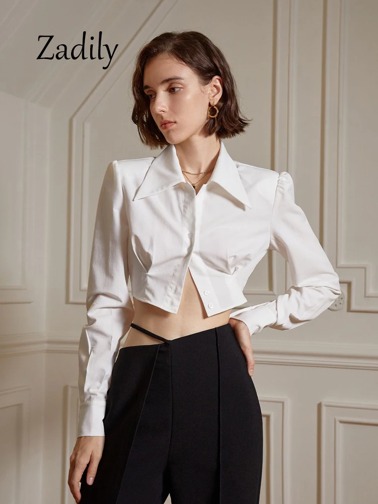 Zadily 2024 Spring Office Lady Long Sleeve Women White Shirt Turn Down Collar Button Up Woman Work Crop Tops Female Blouse Tops