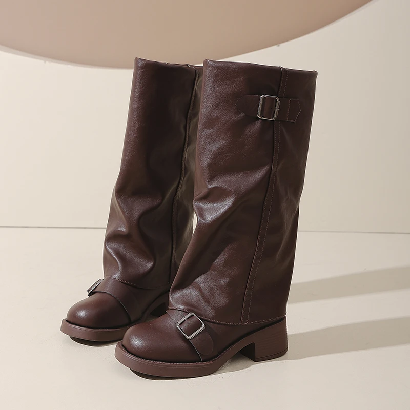 Botas Femininas Vintage de Salto Grosso até o Joelho com Fivela de Cinto, Estilo Cavaleiro, Botas Longas de Inverno Femininas