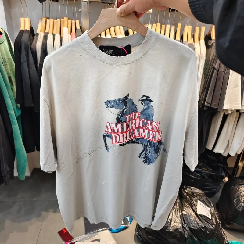 Men's Vintage Western Cowboy T-Shirt Double Side Print Washed Oversized Streetwear Cotton Tee