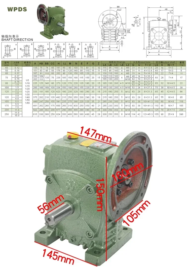 500W DC220V permanent magnet motor + WPDS 60 type, B direction, high torque, self-locking, multi-speed