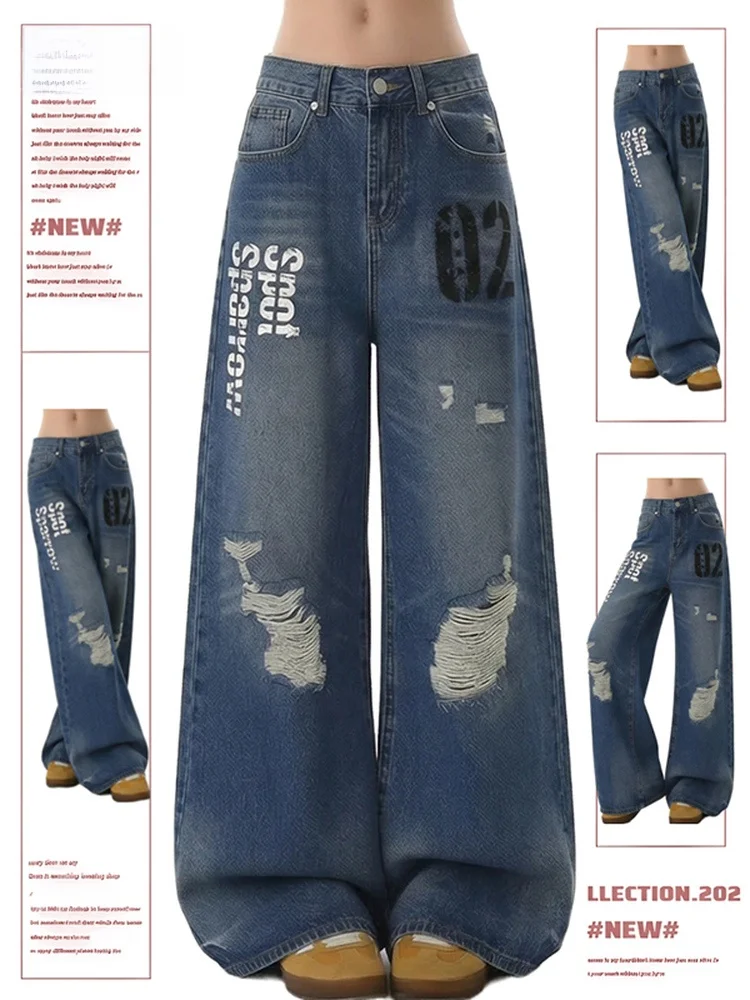 

Women's Ripped Denim Jeans High Waist Wide Leg Pants American Retro Vintage Print Loose Floor-Length Casual Trousers