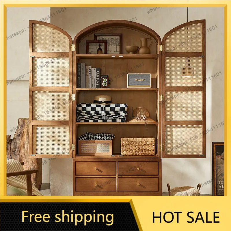 LD retro solid wood rattan storage cabinet wabi sandy wind display decorative storage cabinet