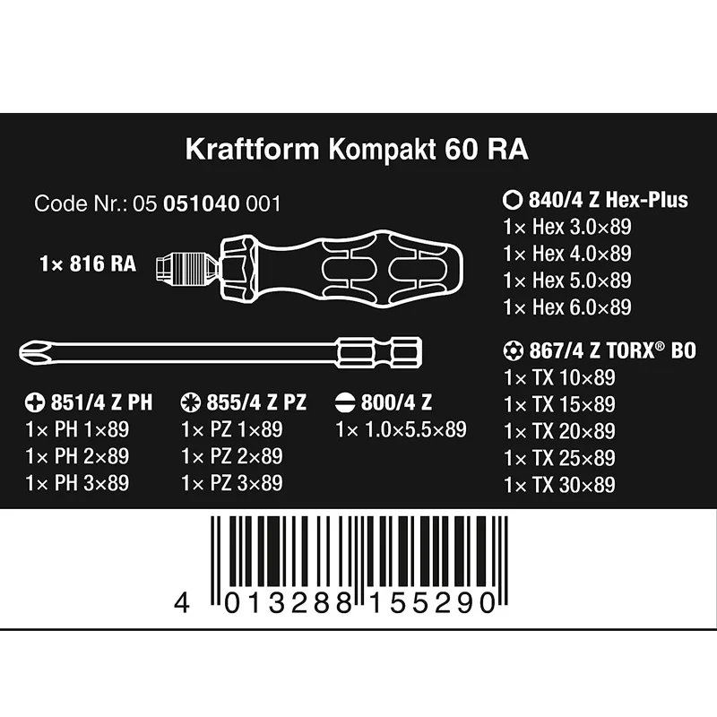 WERA 05051040001 Kraftform Kompakt 60 RA Interchangeable Ratchet Screwdriver Fine Pitch Teeth Exquisite Workmanship