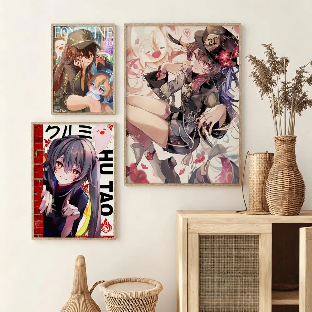 Genshin Hu Tao Game Character Poster Wall Stickers HD Painting Self Adhesive Art Decals for Living Room Home Bedroom Decor