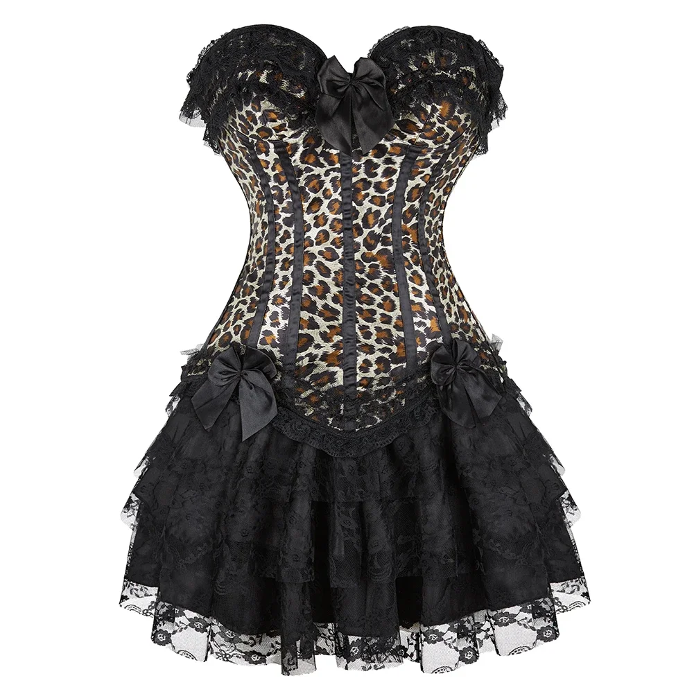 Sexy Satin Lace Leopard Overbust Corset Lingerie Top Vintage Bustier With Mini Tutu Skirt Victorian Striped Corset Dress Gowns