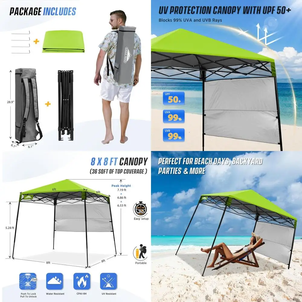 

Compact 8x8 Slant Leg Shelter, Portable Sun and Beach Tent, 6x6 Canopy, Green