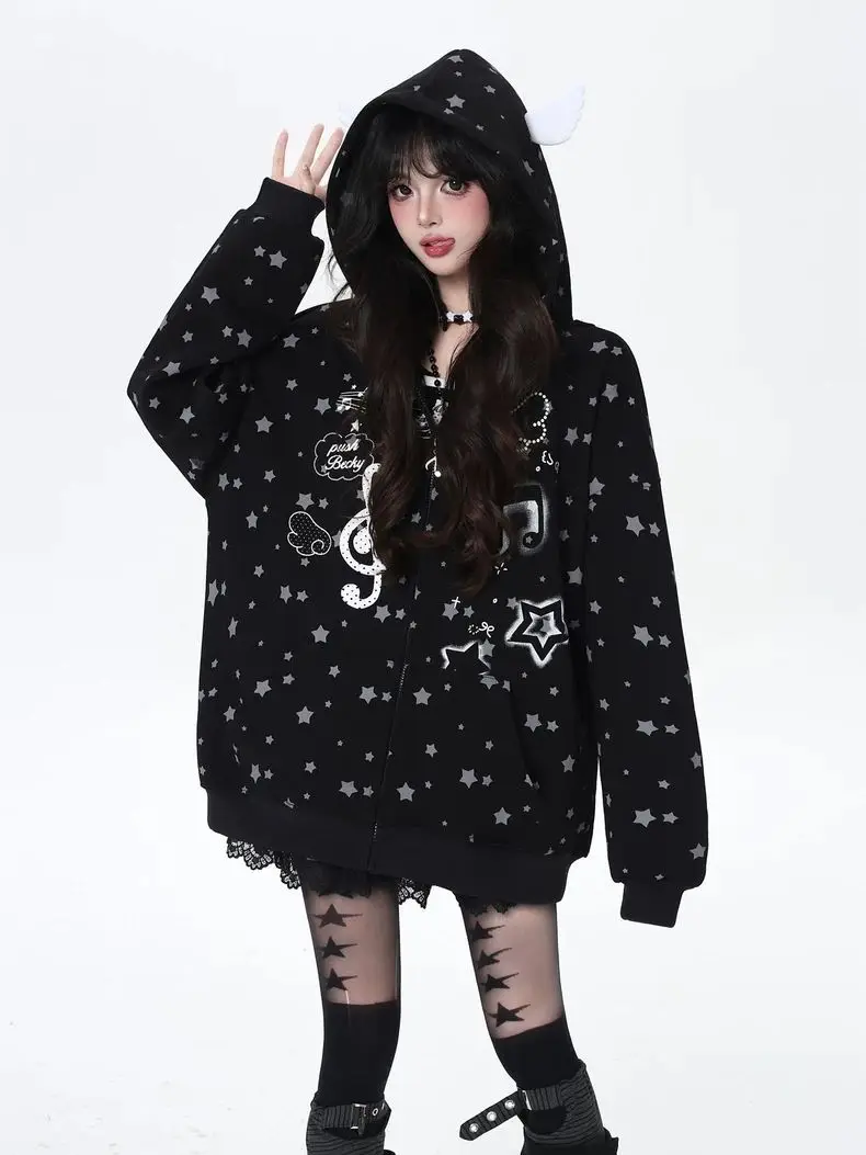 

Onalippa 2025 American Hooded Design Wings Musical Notes Jumping Waves Sense Design Hooded Loose Casual Hoodie Jacket Autumn