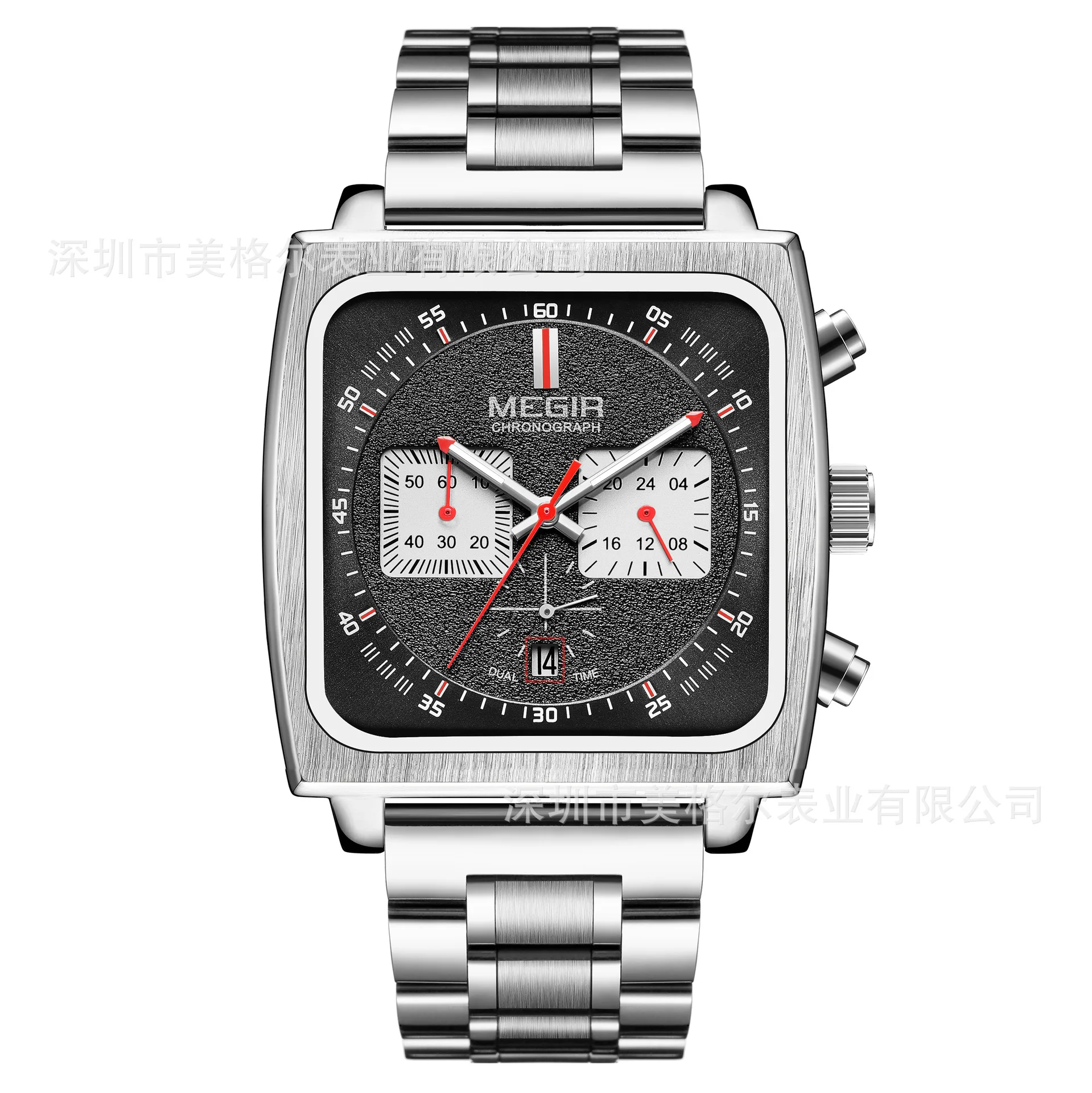 Square Quartz Watch Chronograph Series with Calendar 43.5mm Diameter 11mm Thickness Steel and Leather Strap 30 Meters Waterproof