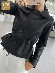 Senhoras do escritório jaqueta de couro genuíno cintura ajustável fino ajuste pele carneiro curto casaco feminino único breasted punk biker outerwear