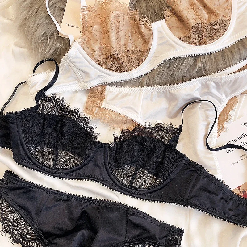 2 Pieces Sexy Ultra Thin Lace Bra Set Women Splicing Color Underwear French Silk Breathable Bras and Panties Intimate Lingerie
