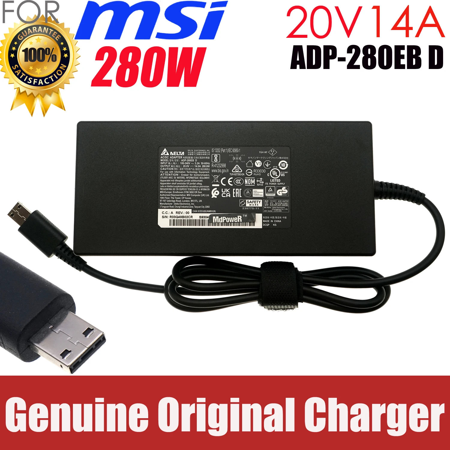 Original DELTA ADP-280EB D 20V 14A 280W AC Adapter Charger For MSI 20.0V 14.0A 280.0W Laptop Power Supply USB Tip Slim version