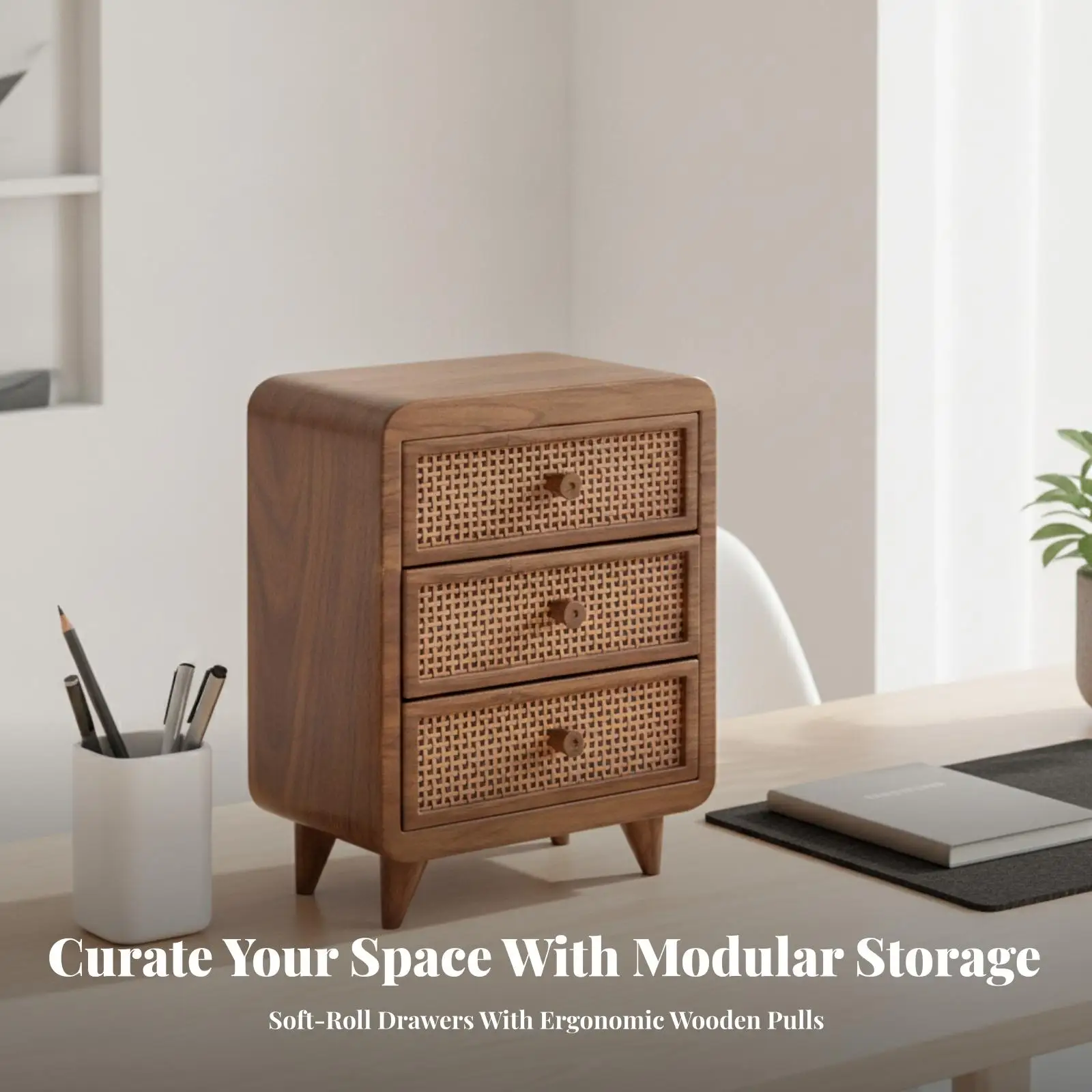 Vanity Cosmetic Storage Rack for Countertop Solid Wood Organizer with Knob Pulls Makeup Brush Holder Dresser Beauty Box