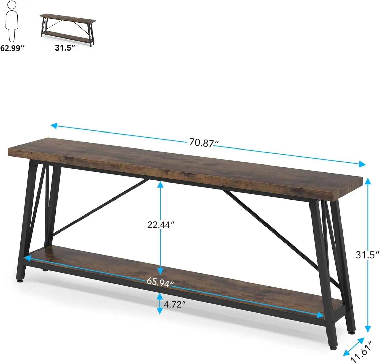 Mesa de sofá extra larga de 70,9 pulgadas detrás del sofá, mesa consola de entrada industrial para pasillo, entrada y sala de estar