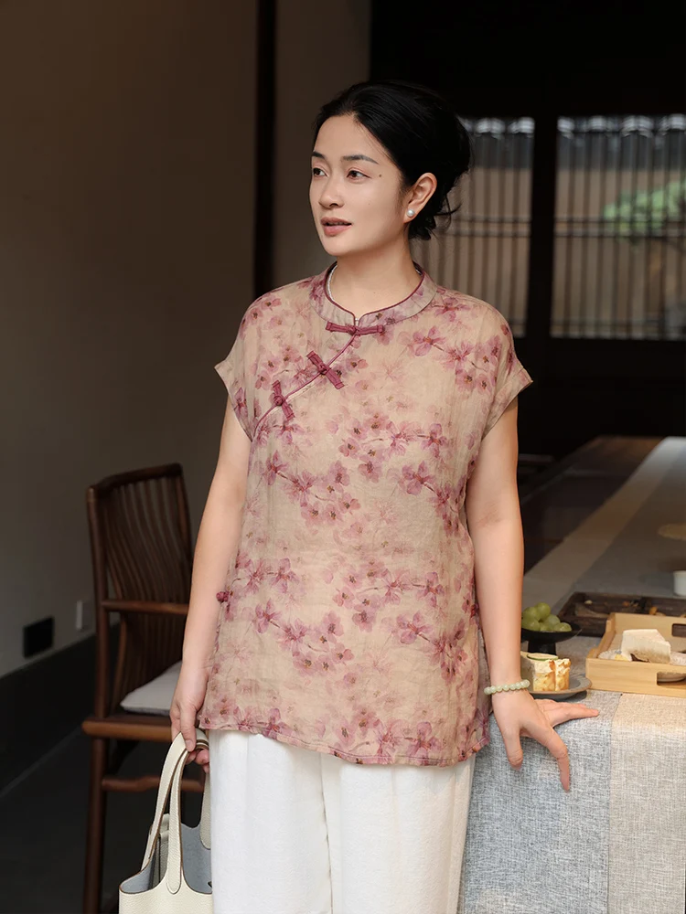 

New Chinese Sle ort Sve irt Women's Summer National Sle Buttoned Top Casual Loose Fit Printed Cotton Linen Blend