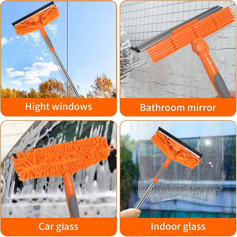 أداة تنظيف منزلية 2 في 1 من الفولاذ المقاوم للصدأ بمقبض طويل لتنظيف النوافذ الزجاجية