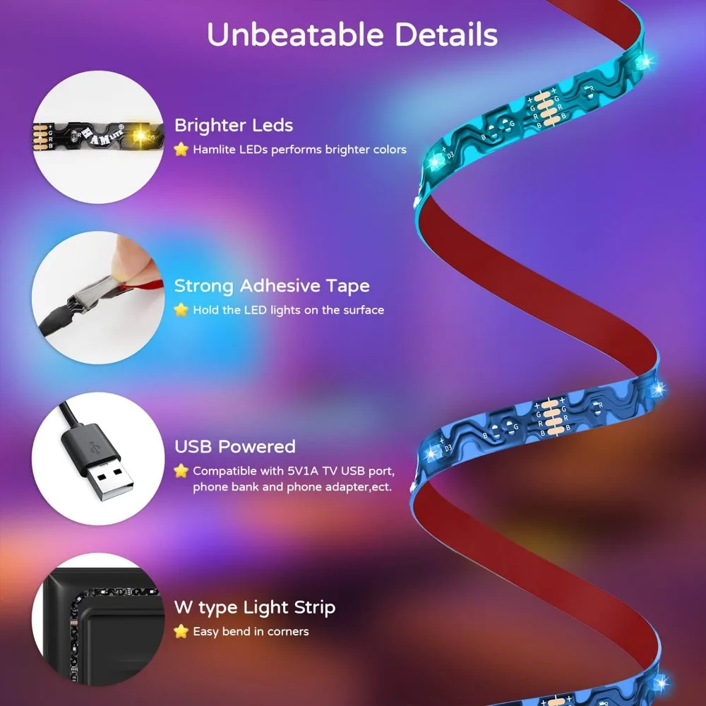 HAMLITE إضاءة خلفية للتلفاز 55 بوصة، 11.5 قدم شريط أضواء LED يعمل بمنفذ USB مع جهاز تحكم عن بعد - تصميم منحني للتشغيل/الإيقاف مع التلفزيون، تغيير LED Ba #2