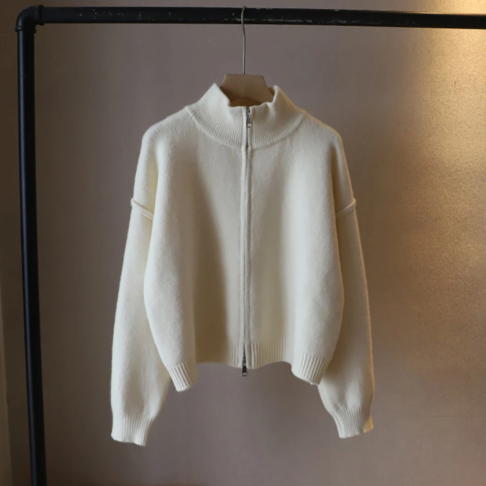 Autumn Winter Double Zipper Sweater Cardigans Korean Stand Collar Solid Color Warm Loose Knitted Coat Daily All-Match Outerwears