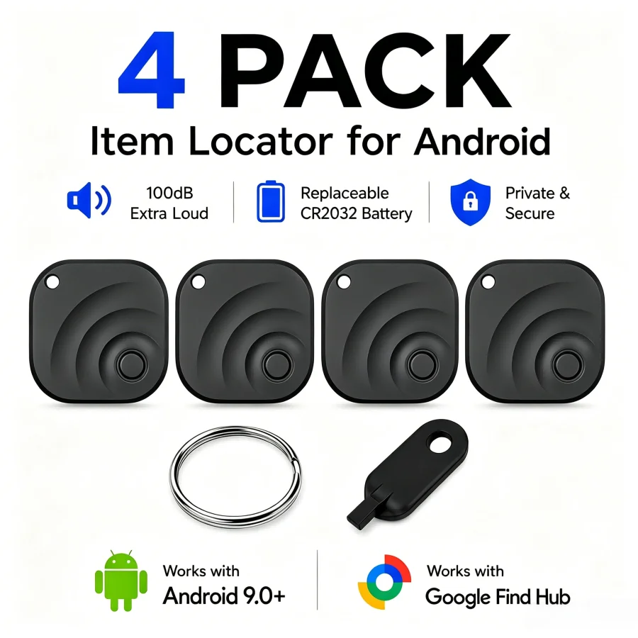 VAETTLO 4-Pack Item Locators for Android or iOS Compatible with Google Find Hub & Apple Find My, these smart trackers help you keep tabs on your keys, wallet, luggage, backpacks and more. Featuring a replaceable battery and a 100-decibel alarm
