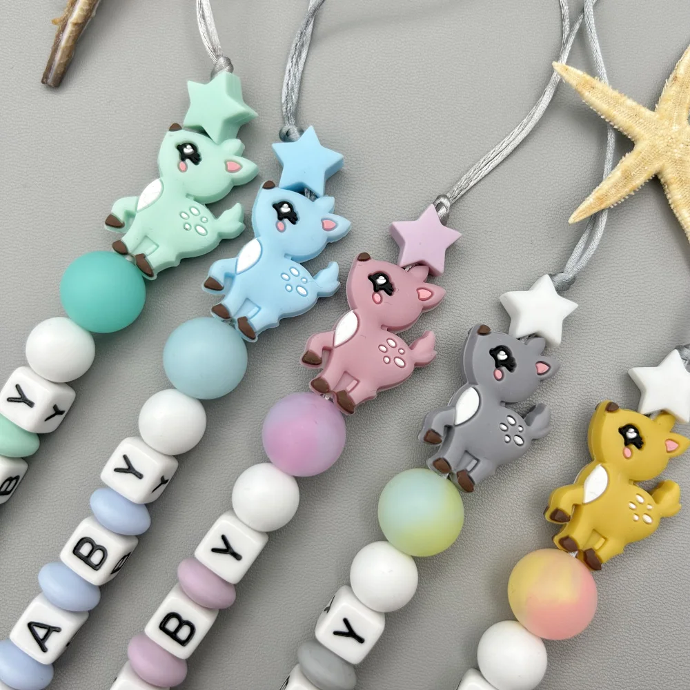 Personalized English Letter Name Silicone Sika Deer Pacifier Clips Chains Teether Pendant for Baby Pacifier Kawaii Teether Toys