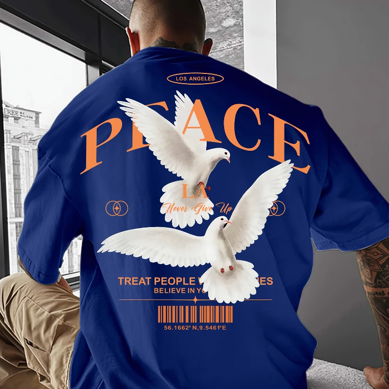 Peace Dove Print T-shirt Men Los Angeles Letter Graphic Tee Oversized Streetwear Unisex Casual Crew Neck Short Sleeve Cotton Top