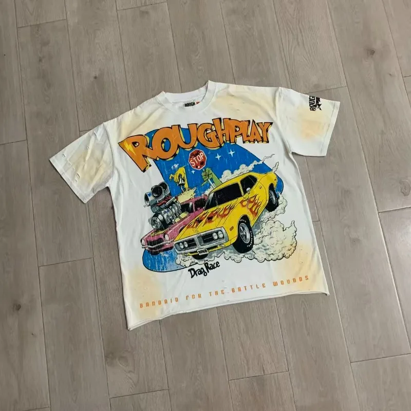 Rough Fun Car Printing T-Shirts Men Women Casual White Washed Shirts