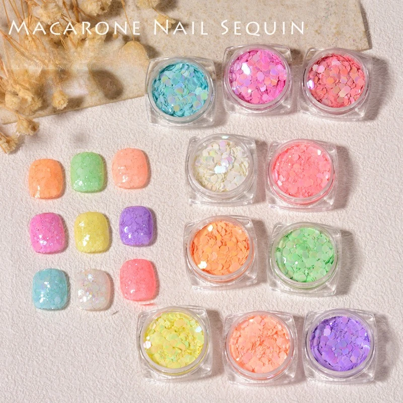 5Pcs Mixed Size Aurora Fluorescent Macaron Nail Sequins Candy Color Glitter Flakes For UV Gel Nail DIY Manicure Decor Set