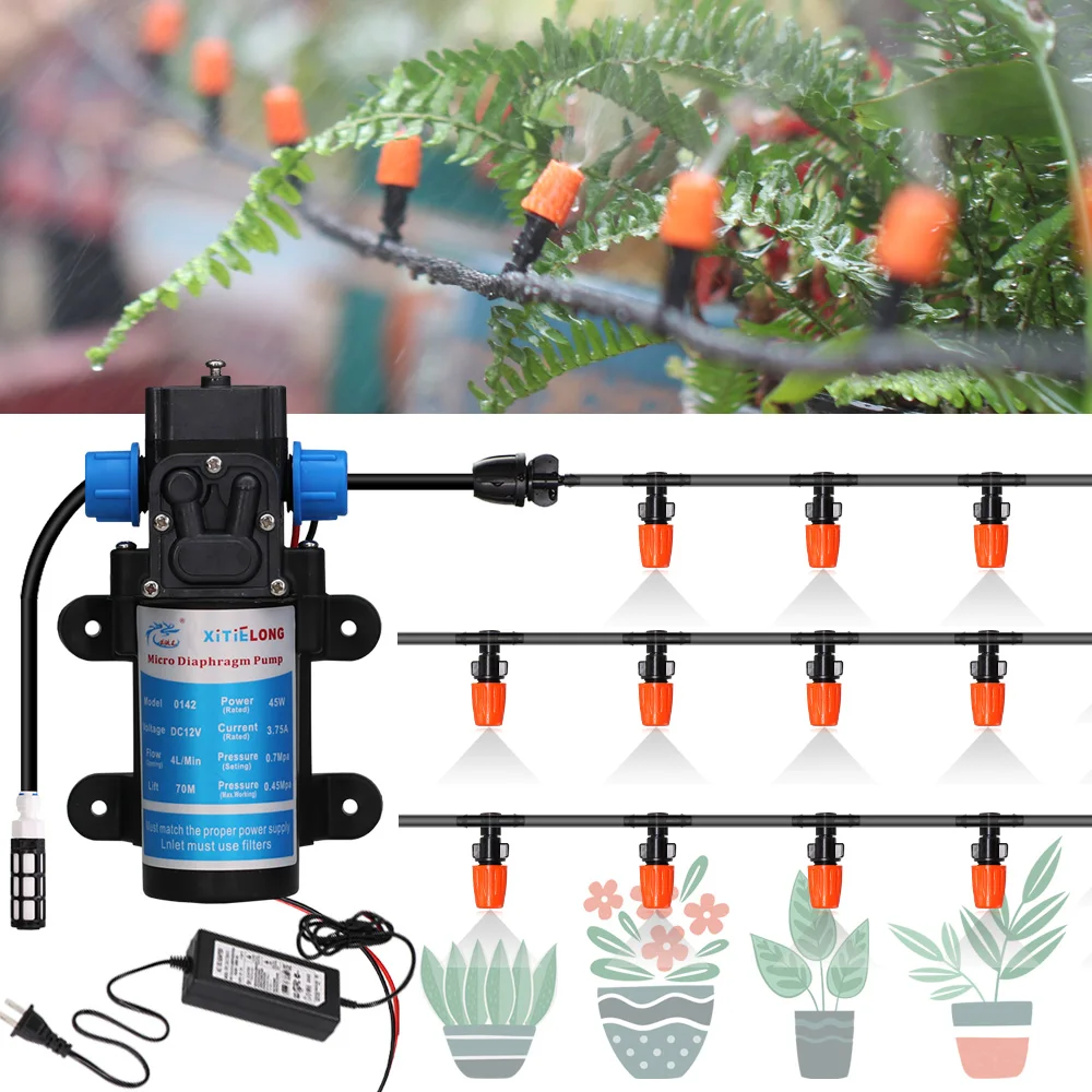 

5-30M New 45W Pump Self Priming Orange Misting Cooling System Adjustable Irrigation Sprinkler Kit with Power Supply Filter