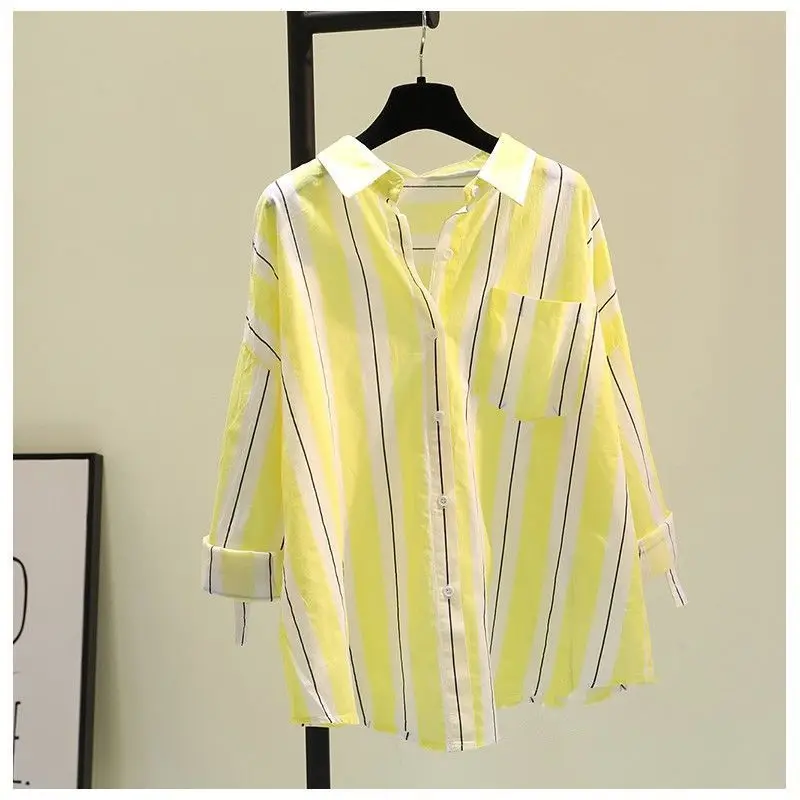 100% Pure Cotton Spring/summer New Striped Long Sleeved Shirt for Women Loose Fitting and Slimming Korean Version Shirt