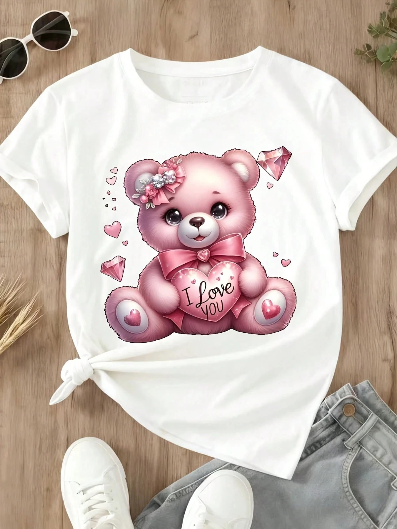 Camiseta estampada con oso rosa para mujer, diseño de amor de mano, pantalón corto informal fresco y versátil, Top de manga estilo Y2k 2026