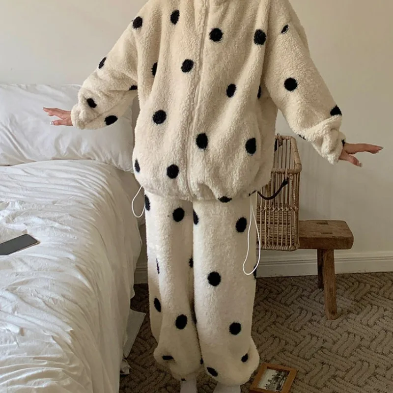 2024 New Women Winter Plus Fleece Thick Sleepwear Stand Collar Zipper Coral Velvet Pajamas Polka-dot Homewear Warm Loungewear