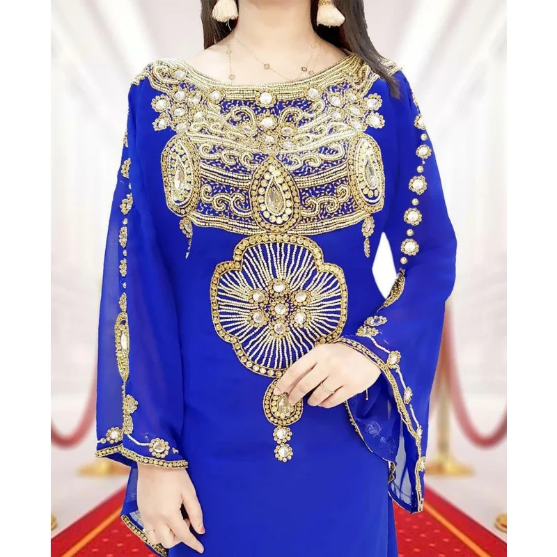 Blue African Dress Fancy Abaya Dubai Formal Women's Beaded Moroccan Fashion Long Shirts European and American Fashion Trends