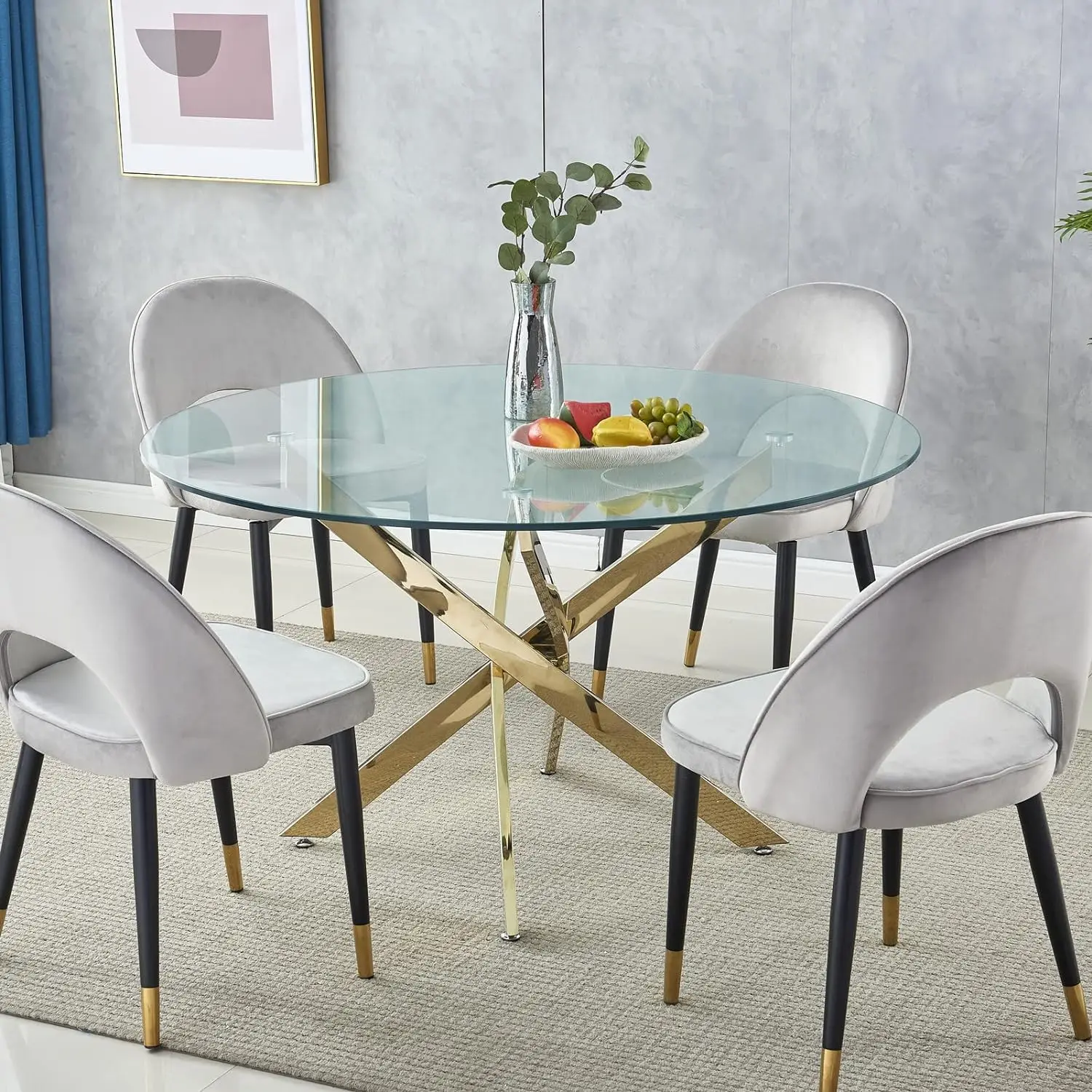 39 Inch Round Dining Table, Modern Dining Room Table With Gold Stainless Steel Base, Circle Tempered Glass Dining Table Set For