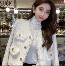 Jackets Small Fragrance Loose V-neck Long-sleeved Coat Spring and Autumn Luxury High-grade Tweed French White Short Coat Woman