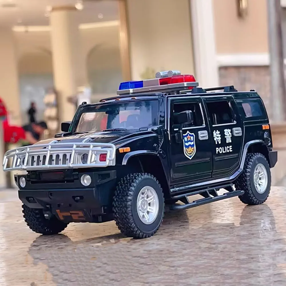 1/24 Hummer H2 Police Toy Model Car Alloy Diecast 6 Doors Opened Sound Light Pull Back Rubber Tire Off-road Vehicle for Kid Gift