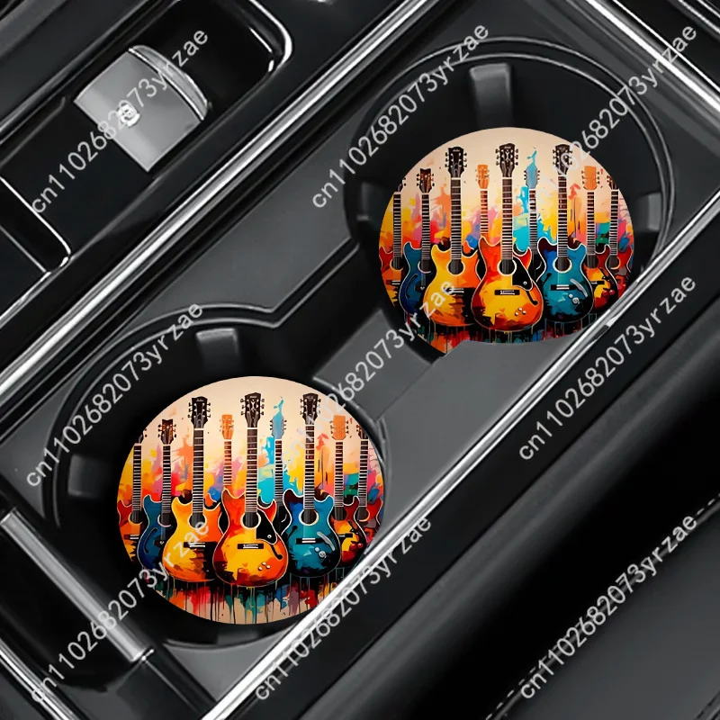 

Colorful Music Guitar Car Coasters 2pcs Absorbent Anti Slip Car Coasters Scalding Waterproof Easy Clean Car Interior Accessories
