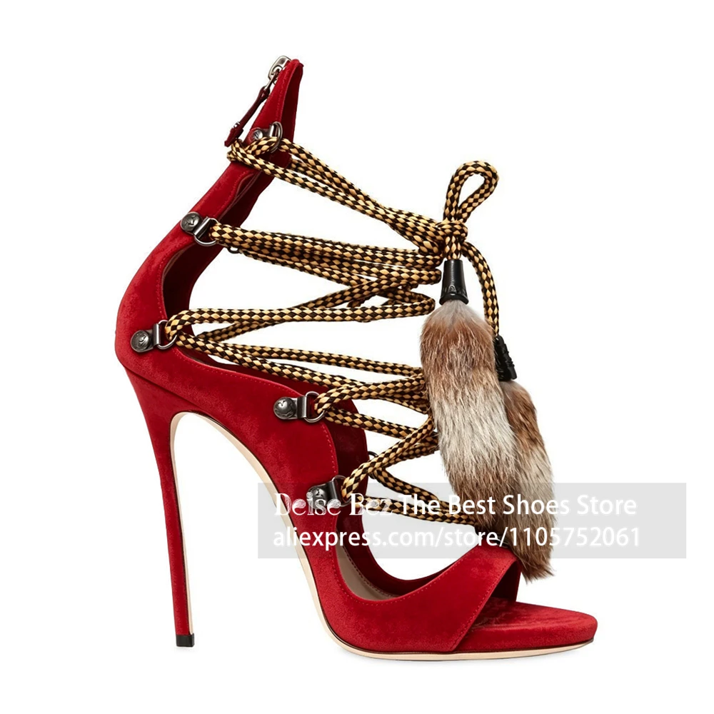 Lace-Up Fur Decor Stiletto Heel Sandals Ankle Wrap Open Toe High Heel Summer Shoes Matte Suede Upper Handmade Stiletto Sandals