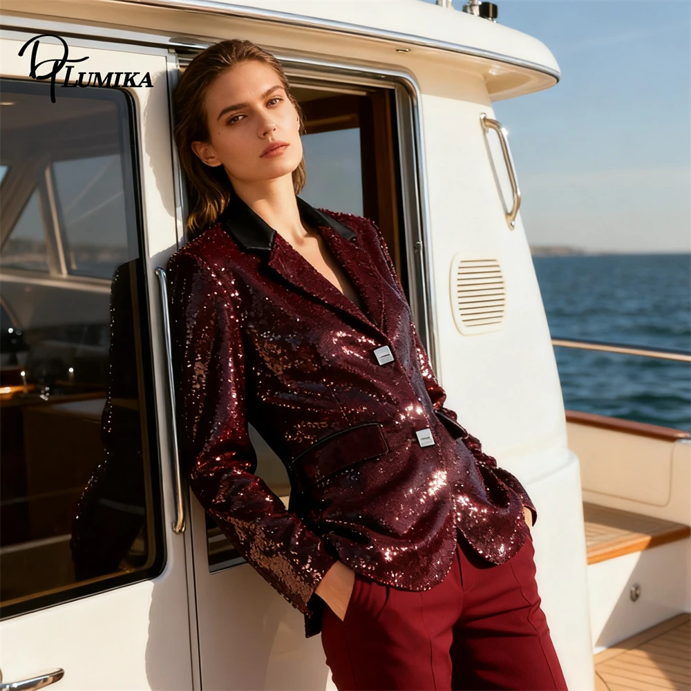 

DTLumika Женский пиджак с блестящими пайетками, бордовый и черный формальный приталенный пиджак, настоящая фотография, вечерние костюмы с длинными рукавами