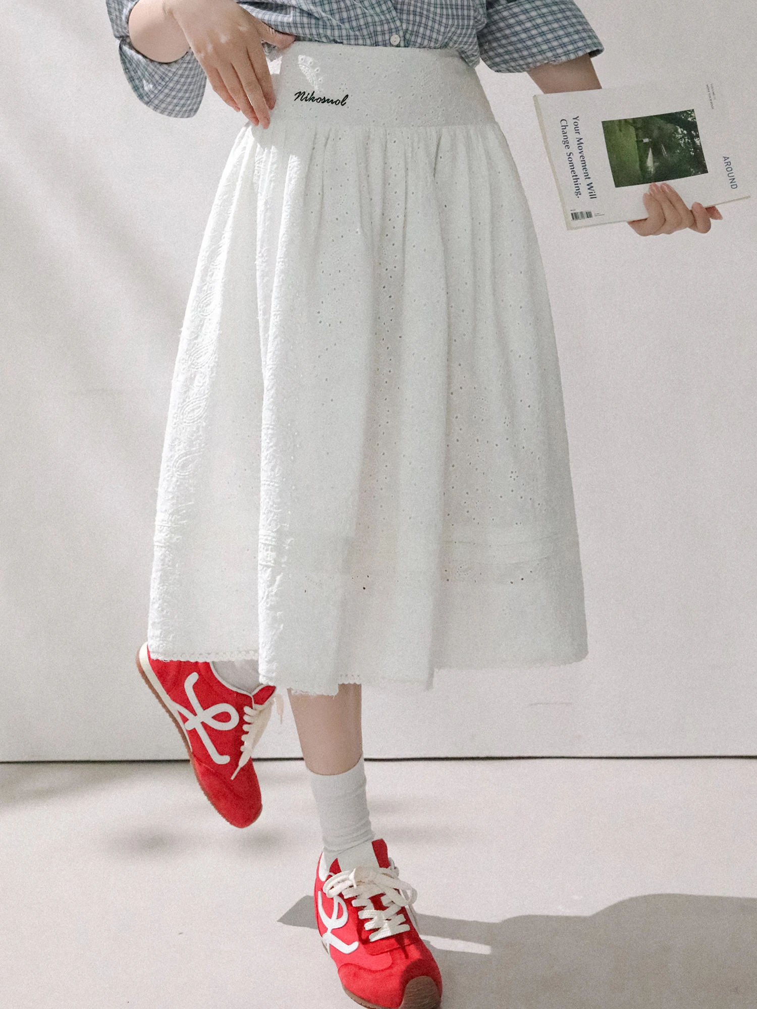 

Niko Soul Romantic White A-Line High Waist Women's Skirt Embroidered Gentle Umbrella Skirt Breathable Cotton Casual Style