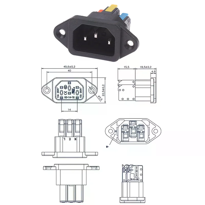 250V 10A IEC C14 Male Power Socket 3-Pin Quick Connect Press for Easy Installation