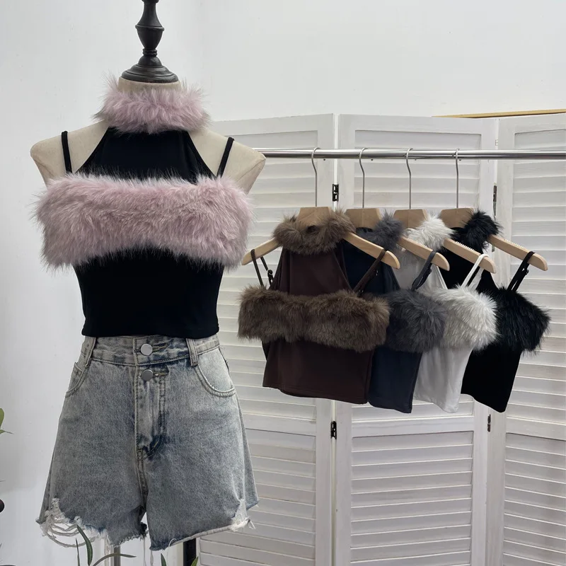 ISAROSE Fashion Fluffy Camisole for Women Sexy Artificial Fur Solid Color Spaghetti Straps Party Night Club Slim Halter Tops