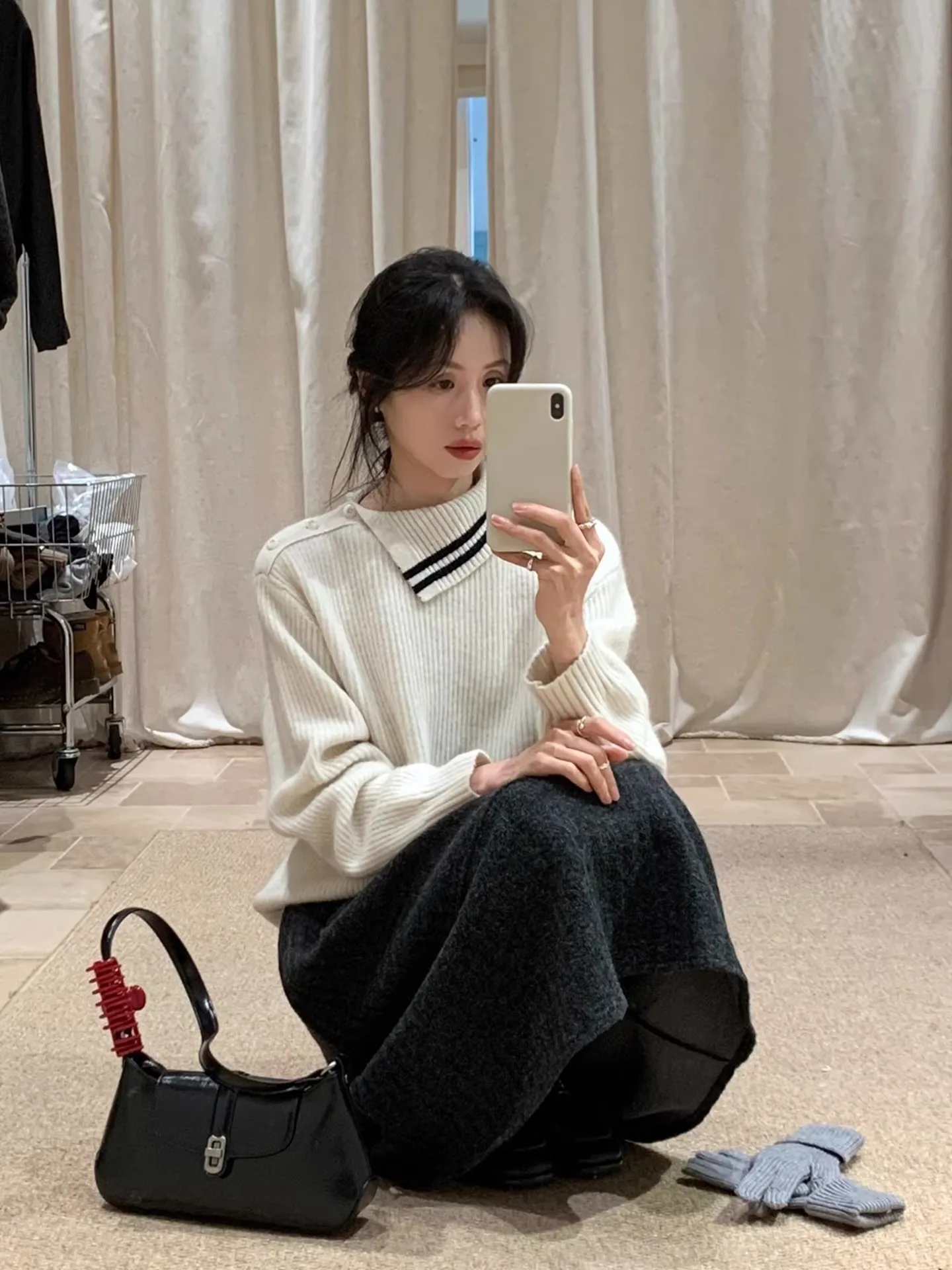 

BRIVIN Korean Sle Asymmetric Wool Camere Sweater Women's Spring New Loose Fit Ele Slimming Top White Oblique Collar