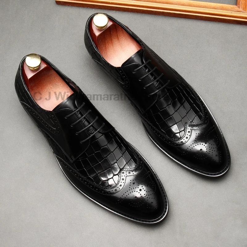 HKDQ Fashion Dress Leather Shoes Men Black Genuine Leather Pointed Toe For Wedding Brogues Italy Business Formal Men Oxford Shoe