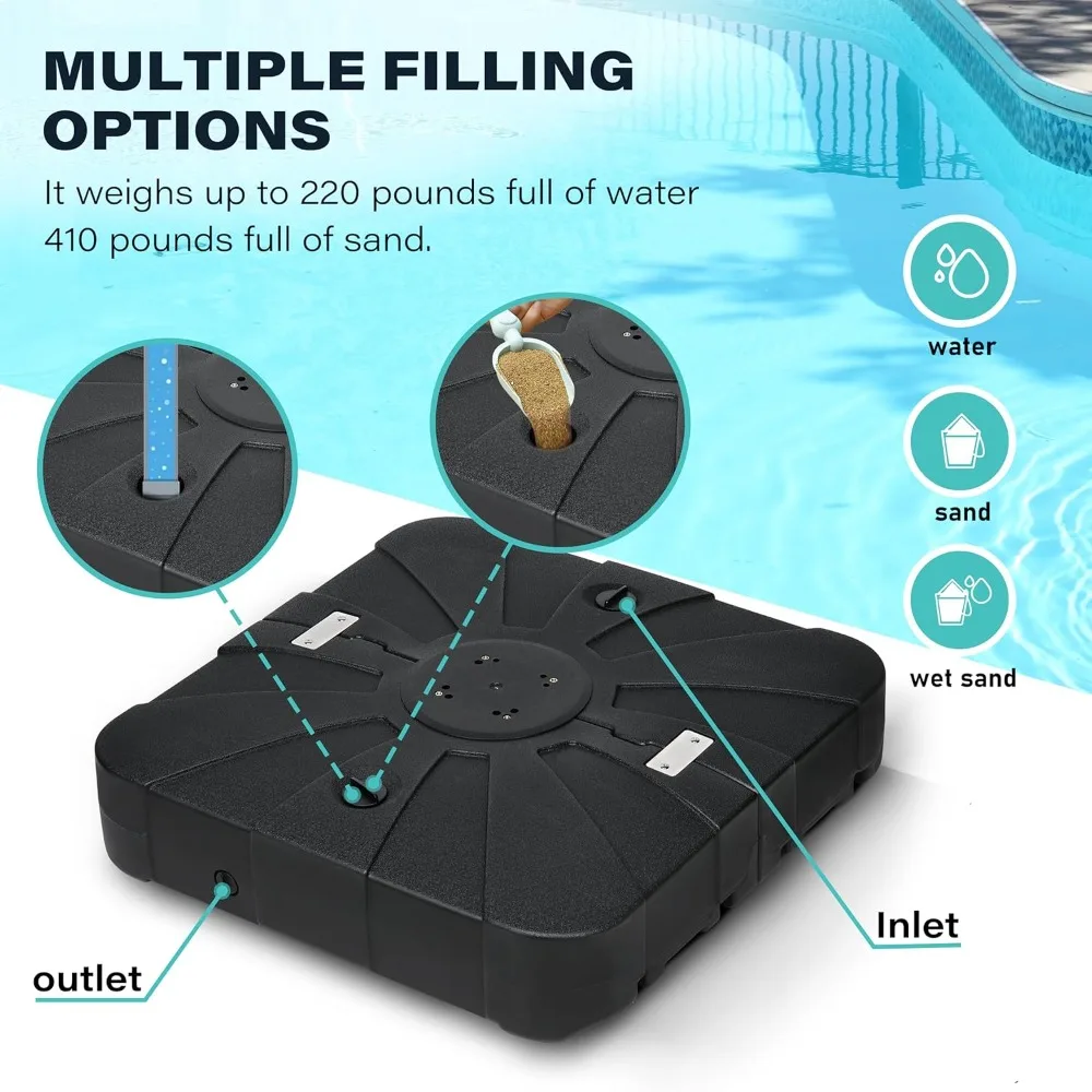

Offset Patio Wheels Cantilever Umbrella Base Stand Filled with 220 Lbs Water or 410 Lbs Sand, 33X33X6.7, Black