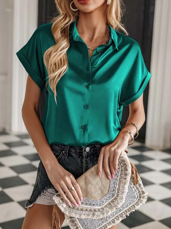 Zomer Satijn Shirt Vrouwen Korte Mouw Knoop Up Shirts Dames Kantoor Losse Zijden Shirt Blouse Voor Vrouwen