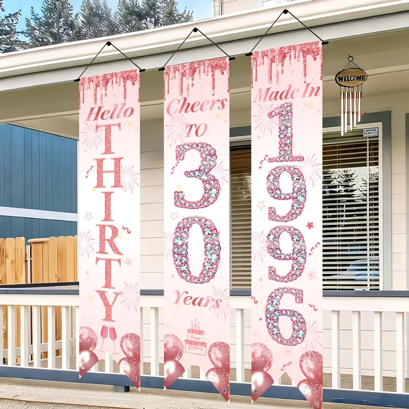 2D Flat 3Pcs Pink Gold 30th Birthday Door Banner Set, Balloon & Fishtail Design, Indoor Outdoor Home Party Hanging Decor - view 5